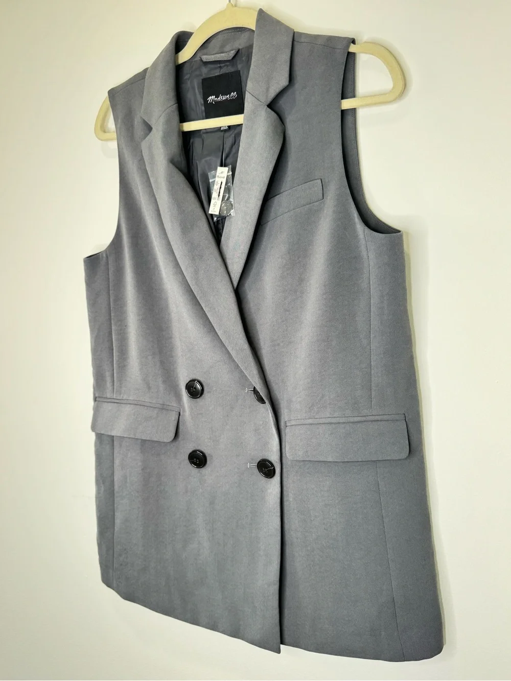 NWT ✨ Madewell Oversized Double-Breasted Crepe Sleeveless Blazer in Gray $198
